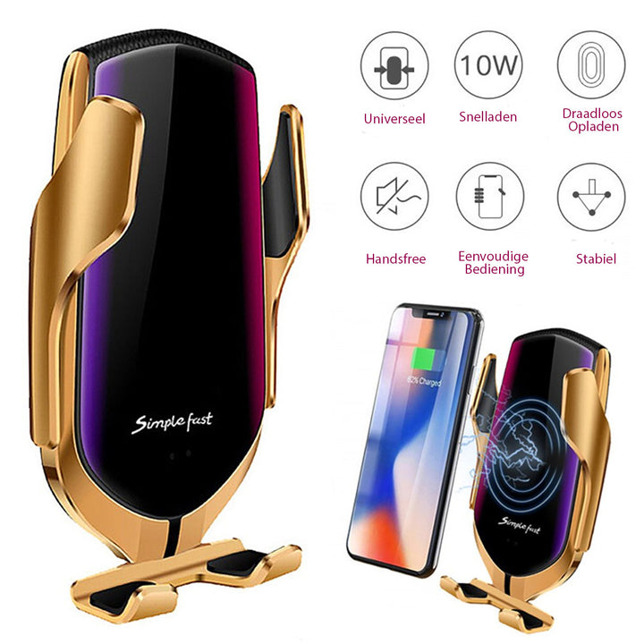 Support téléphone voiture automatique avec chargeur sans fil Qi intégré. Idéal pour tableau de bord ou console.
