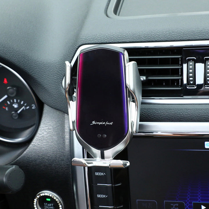 Support voiture pour smartphone avec fonction chargeur sans fil Qi, compatible tous modèles, coloris argent.