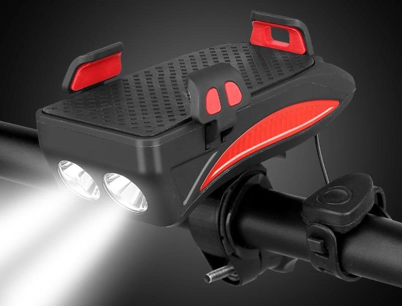 Support Téléphone Vélo Multifonction avec Lumière LED, Power Bank et Klaxon intégré pour cyclisme.