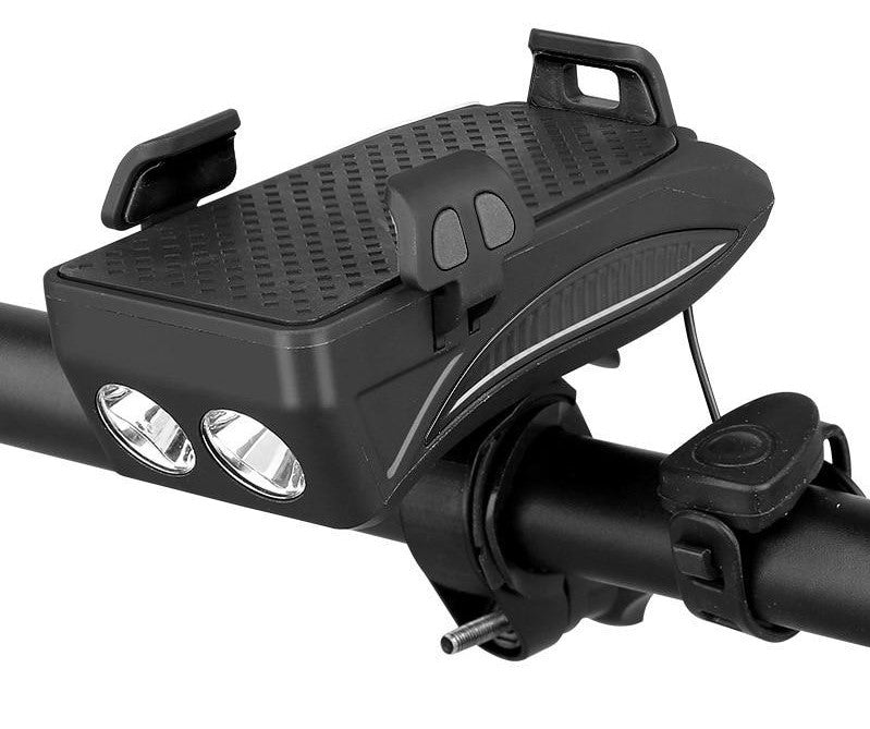 Support téléphone vélo sécurisé pour navigation GPS, incluant batterie externe et phare LED puissant.