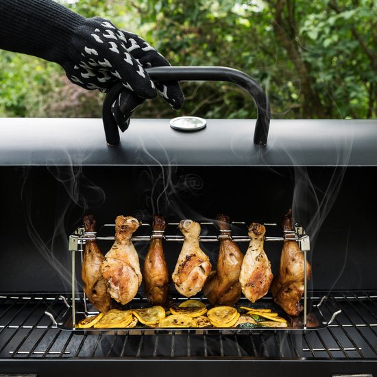 Support de cuisson BBQ en acier inoxydable pour 14 pilons de poulet, grillade uniforme et savoureuse.