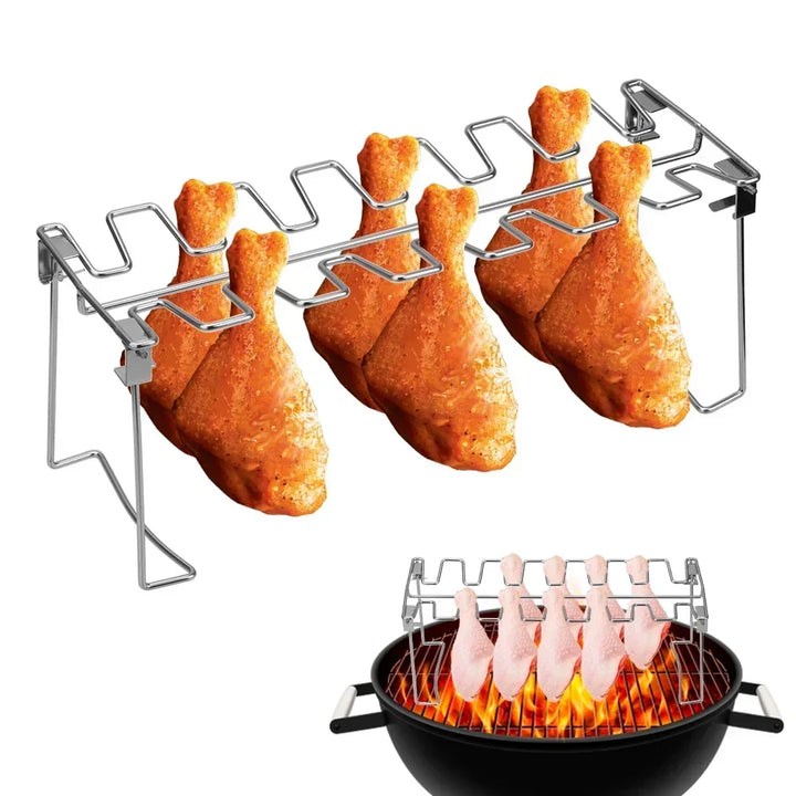 Support de cuisson pour pilons de poulet en acier inoxydable, pour rôtir au BBQ sans effort.