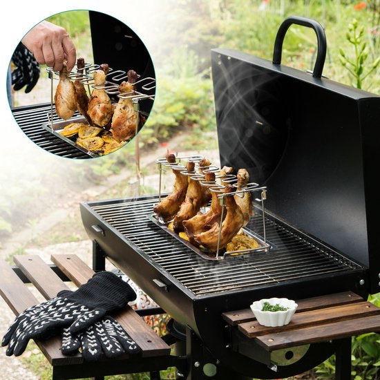Grille de rôtissage pour poulet BBQ, support vertical pour pilons, assure une cuisson homogène.