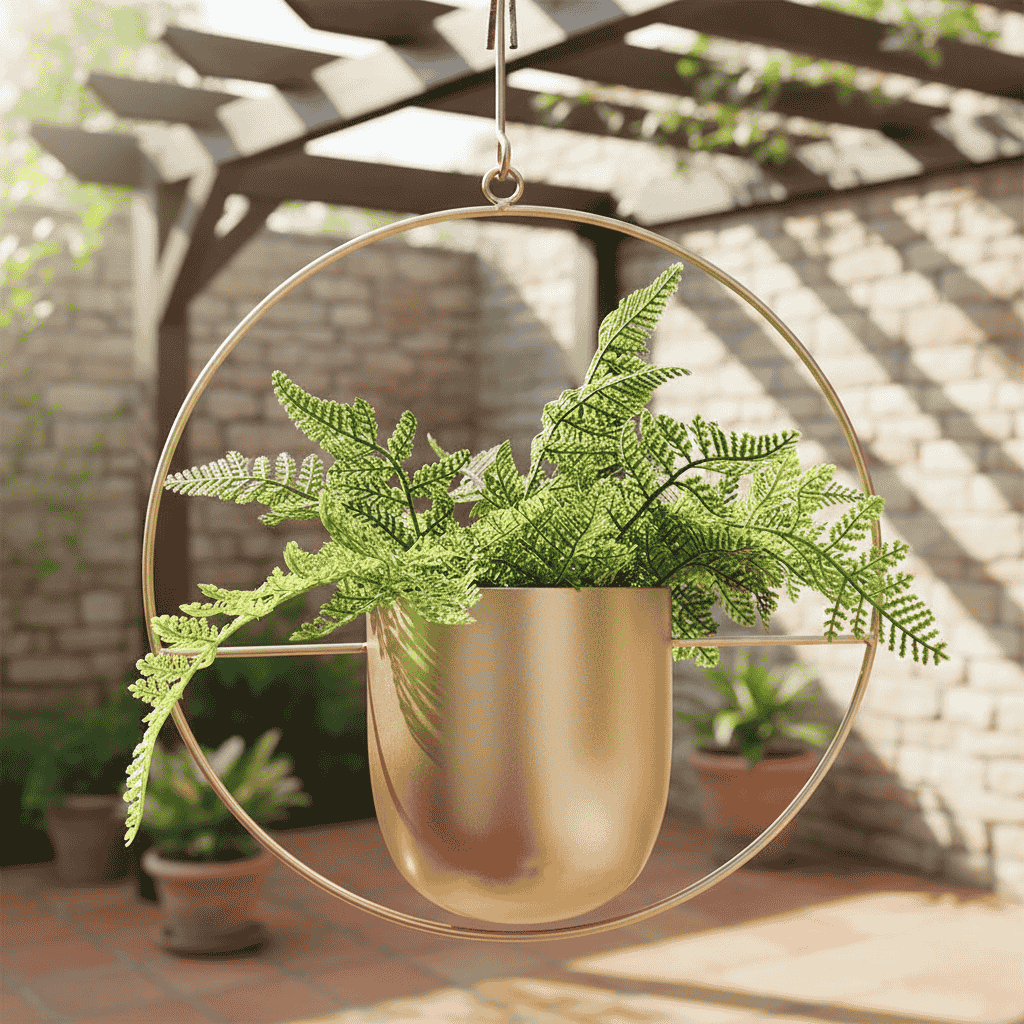 Support mural minimaliste en fer forgé pour plante d'intérieur, optimise l'espace avec style moderne.