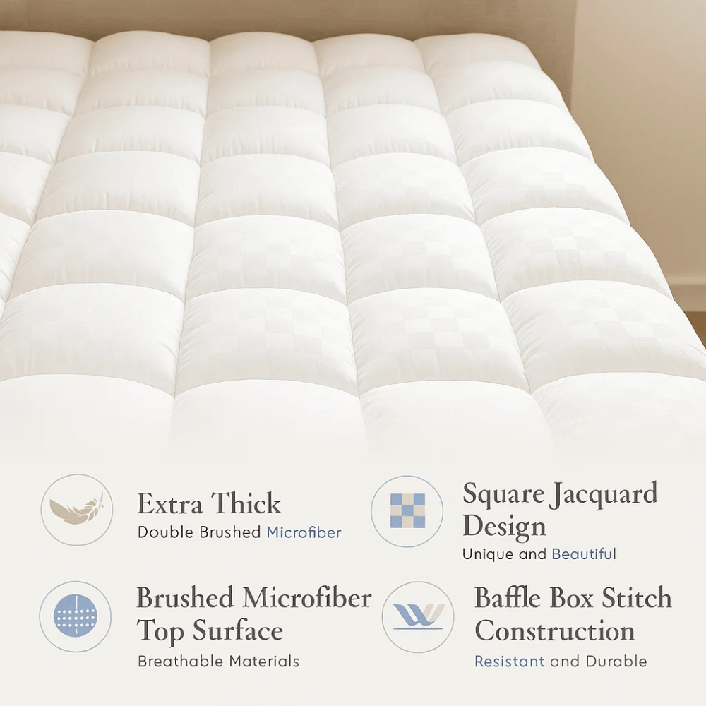 Texture douce du surmatelas, respirant et frais, offrant un confort immédiat et une sensation de bien-être.