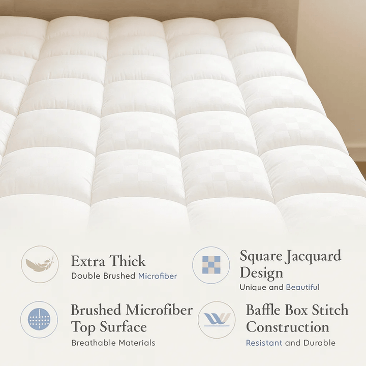 Texture douce du surmatelas, respirant et frais, offrant un confort immédiat et une sensation de bien-être.