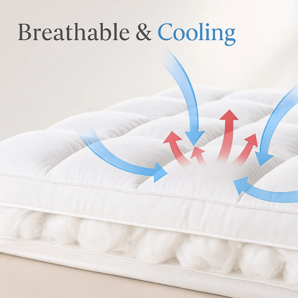 Lit avec surmatelas pour un sommeil réparateur, un soutien dorsal anti-douleur et une chambre accueillante.