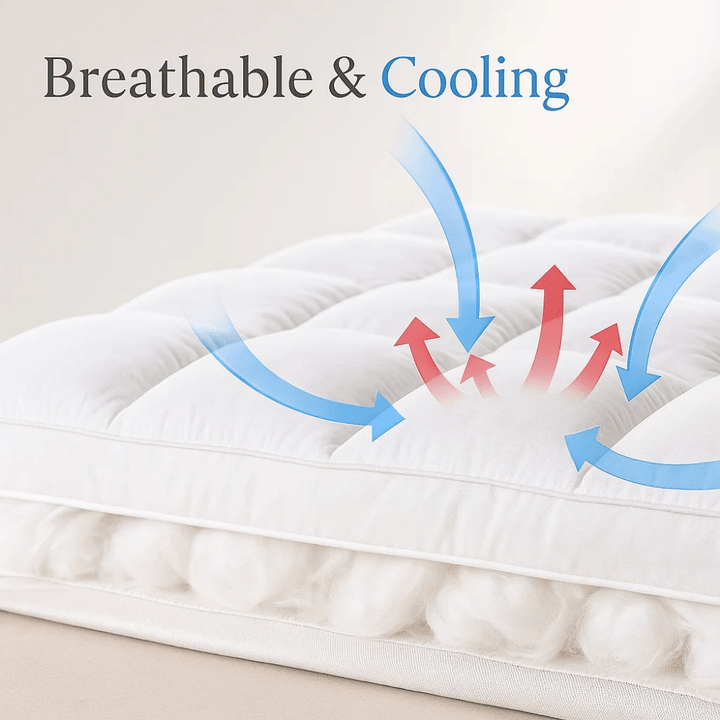 Lit avec surmatelas pour un sommeil réparateur, un soutien dorsal anti-douleur et une chambre accueillante.