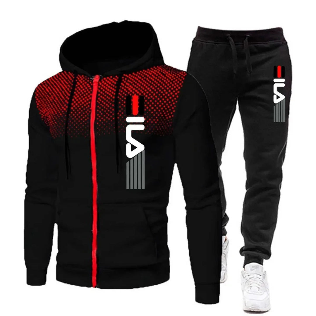Homme portant un ensemble de survêtement athlétique, idéal pour l'entraînement sportif et le confort hivernal.