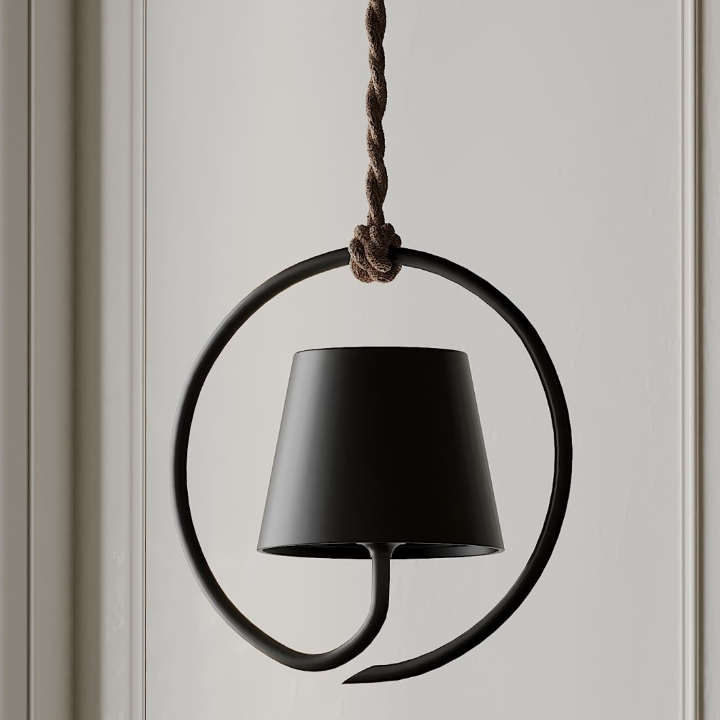 Luminaire d'ambiance design noir, suspension sans fil avec variateur, rechargeable pour usage polyvalent.