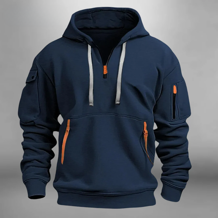 Sweat homme à capuche ample et décontracté, avec poches kangourou. Vêtement doux et pratique pour le sport.