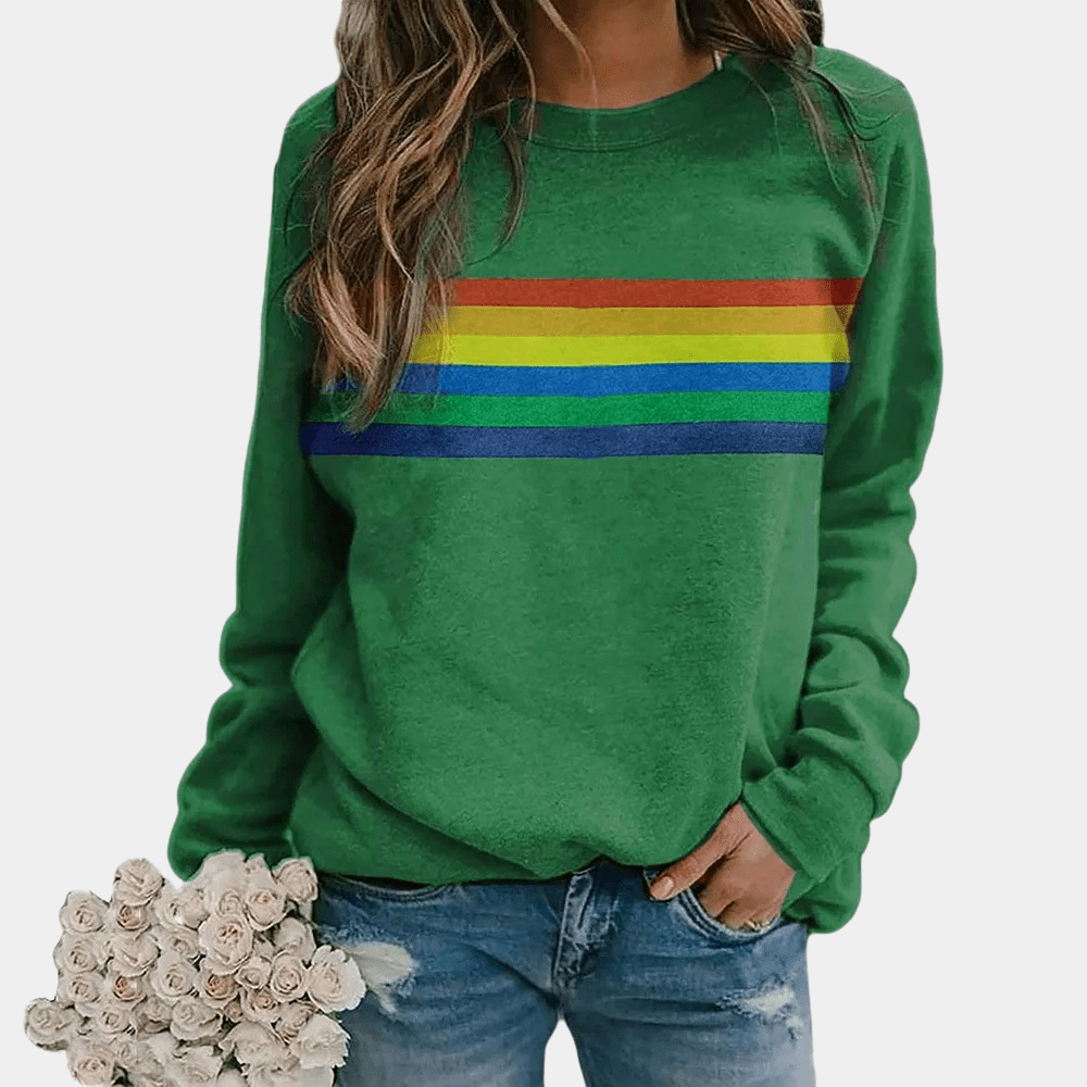 Sweat-shirt confort pour femme, rayures colorées vives, doux, idéal pour un look décontracté et mode au quotidien.
