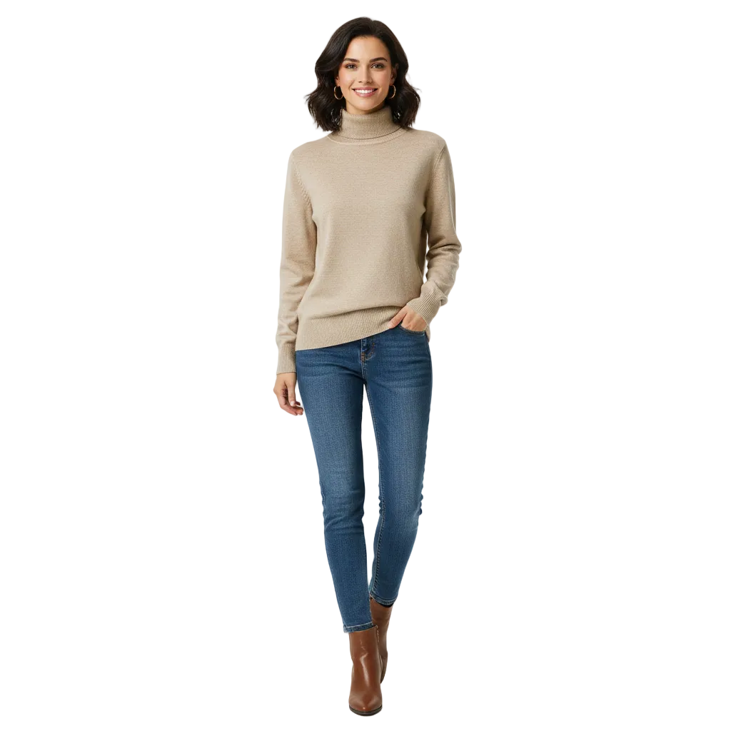 Pull col roulé femme élégant et ajusté. Style sophistiqué pour mode hiver/automne, parfait pour le bureau.