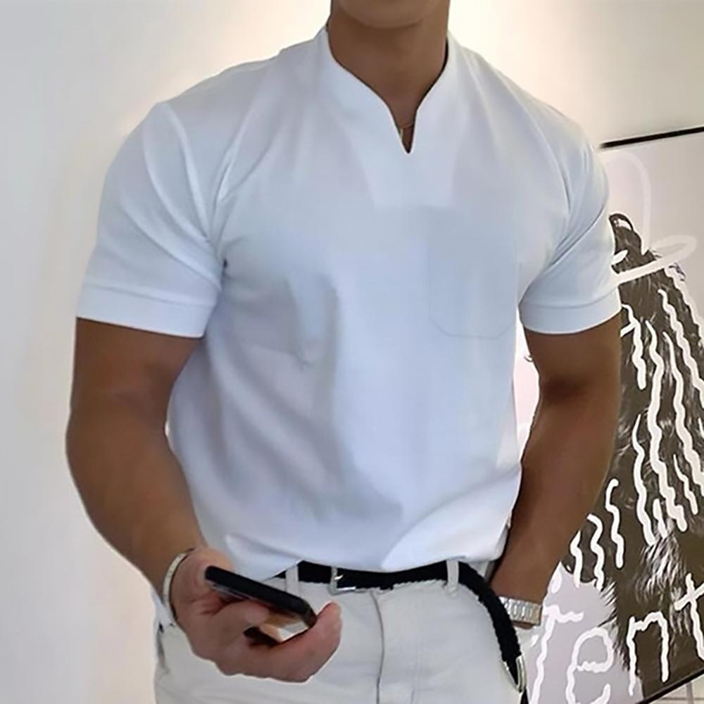 T-shirt homme à col officier, manches courtes, style décontracté chic, couleur unie pour mode masculine.