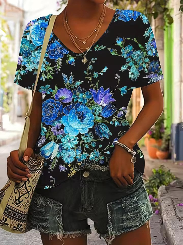 Mode femme: T-shirt graphique décontracté à col V, imprimé tendance, parfait pour l'été.