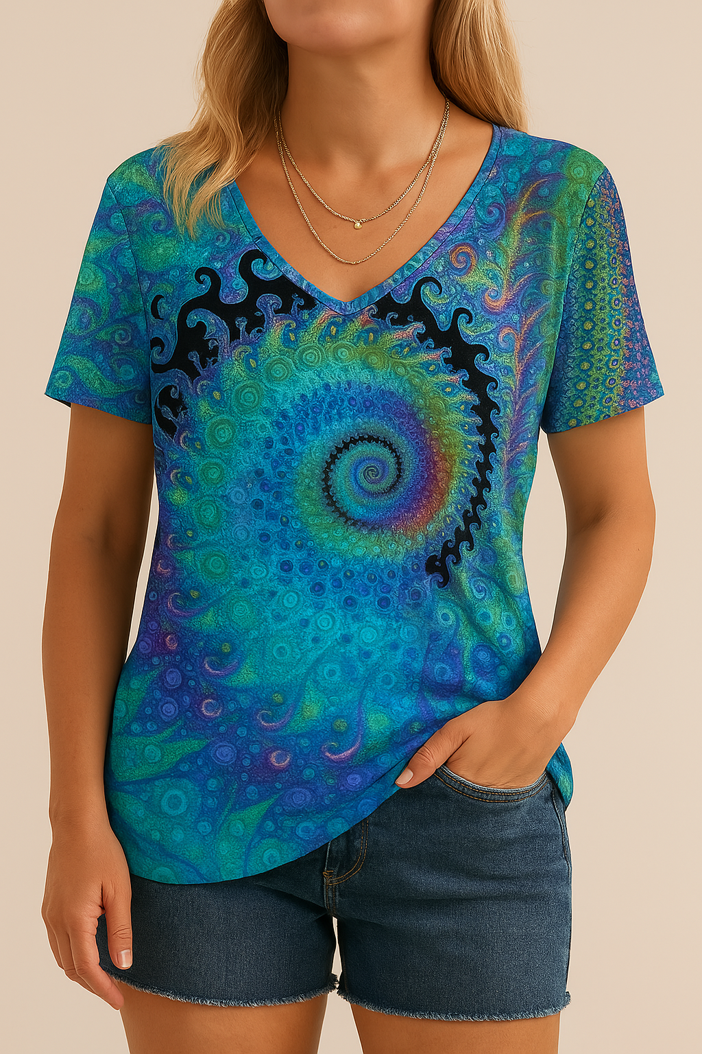 T-shirt femme doux à col V, imprimé moderne, vêtement décontracté et stylé pour la mode estivale.