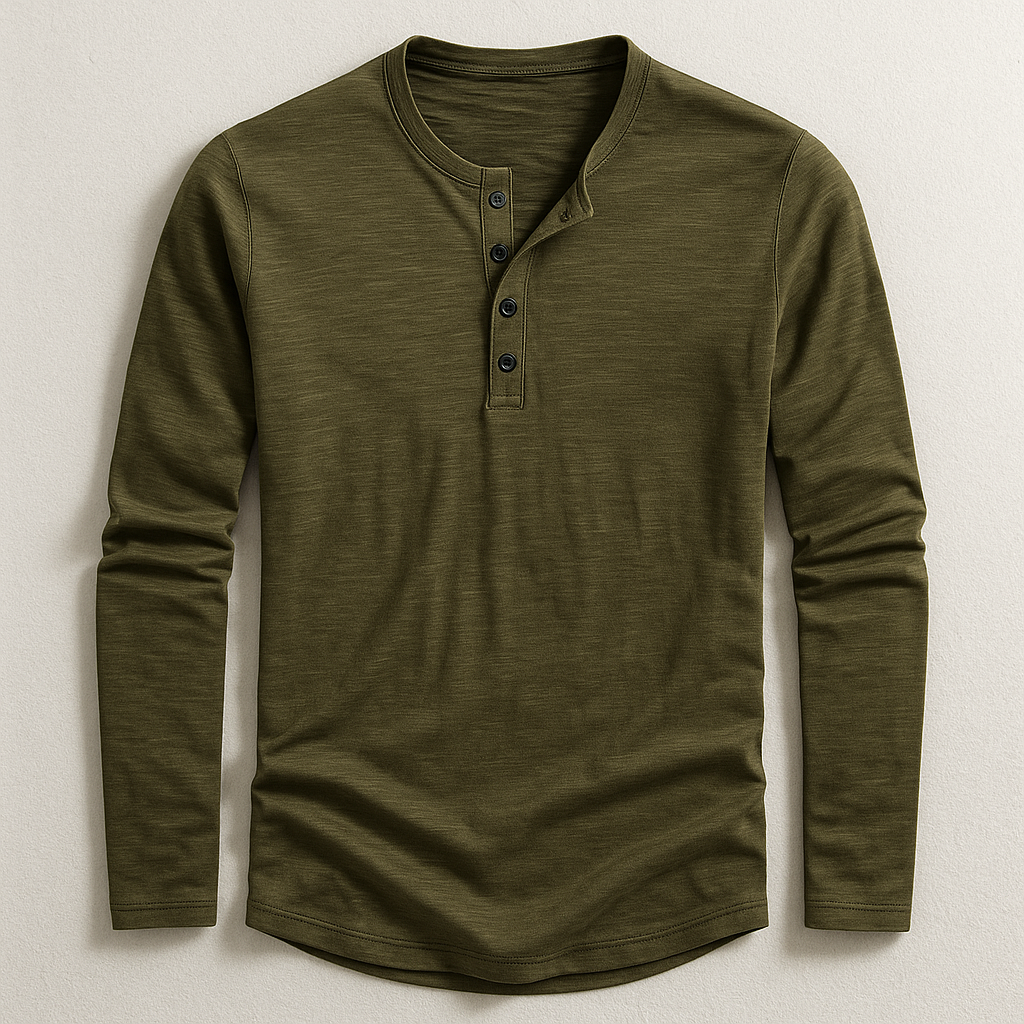 Mode homme: T-shirt Henley à manches longues pour un look casual chic. Vêtement basique confortable avec col boutonné.