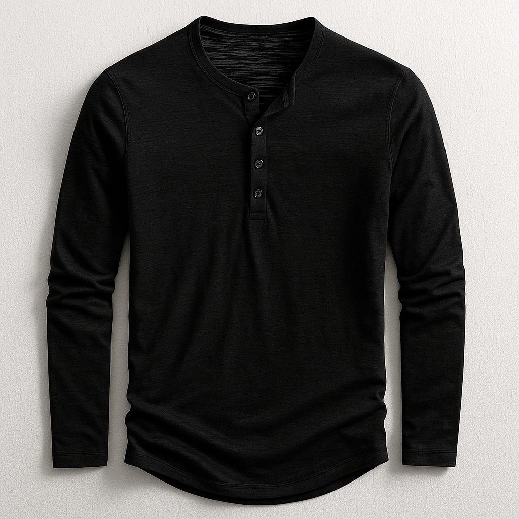 T-shirt Henley homme à manches longues, col boutonné. Vêtement basique pour un look décontracté et un confort quotidien. Mode homme.
