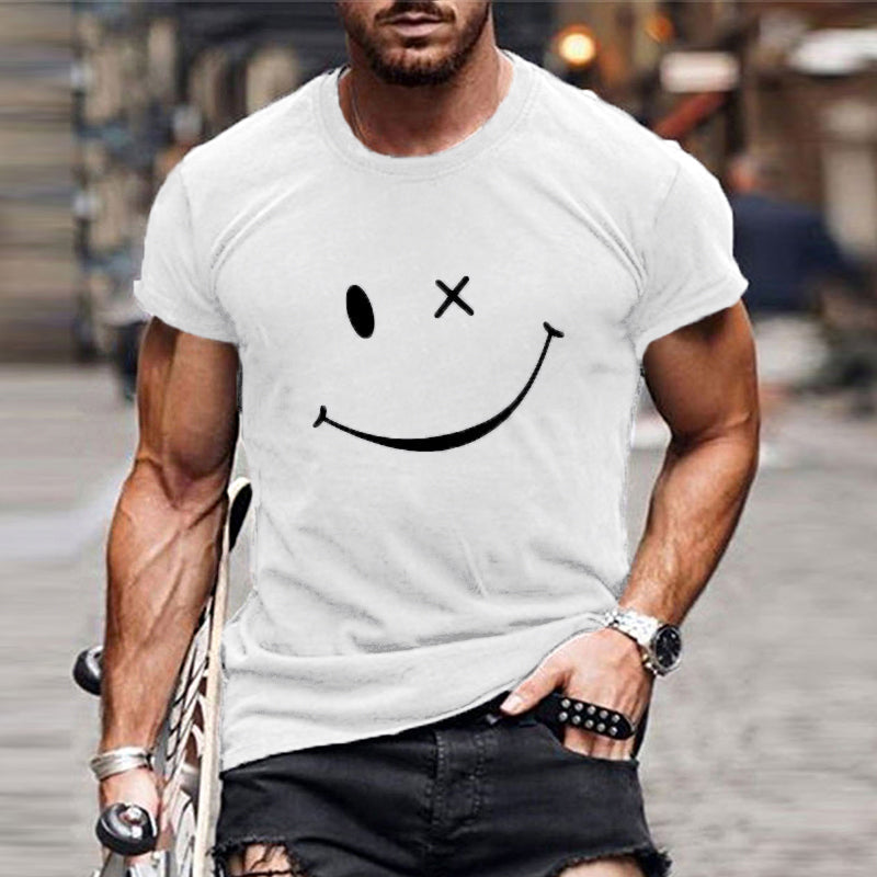 T-shirt homme noir avec motif smiley jaune vif. Vêtement décontracté en coton doux pour un look casual confortable.