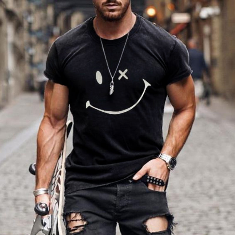Mode masculine: T-shirt homme bleu marine avec smiley minimaliste. Parfait pour un look casual chic et confortable.