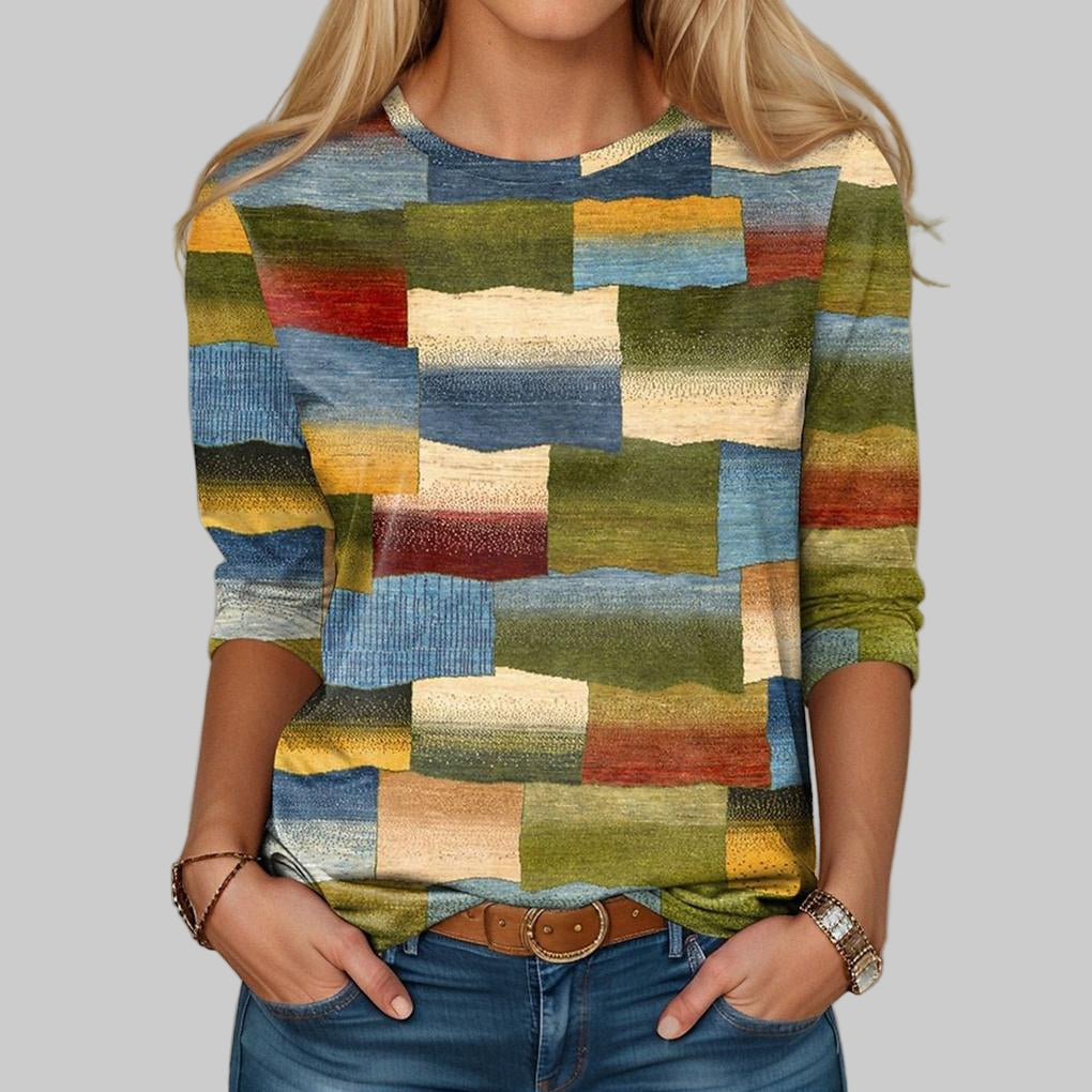 T-shirt femme multicolore ample à col rond, style color-block décontracté, mode été.