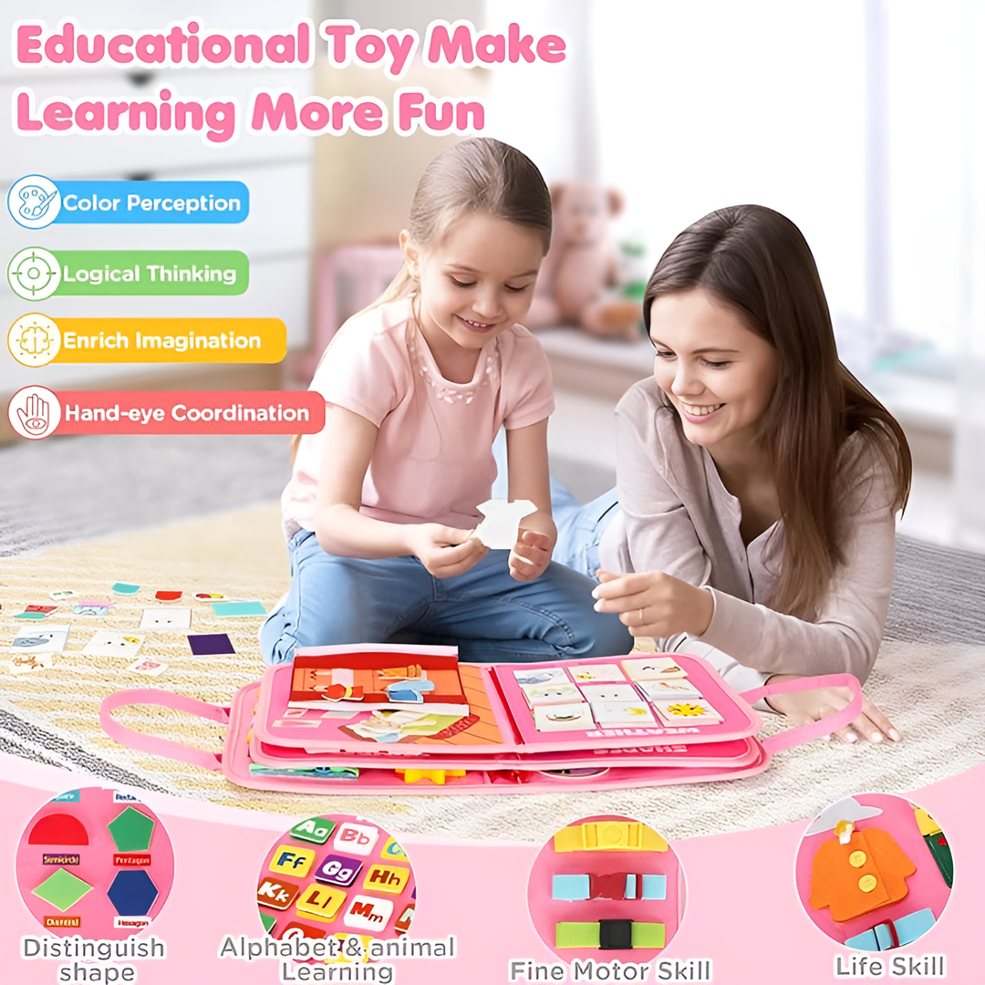 Busy board Montessori pour enfant, conçu pour l'éveil et le développement. Outil pédagogique portable et durable.