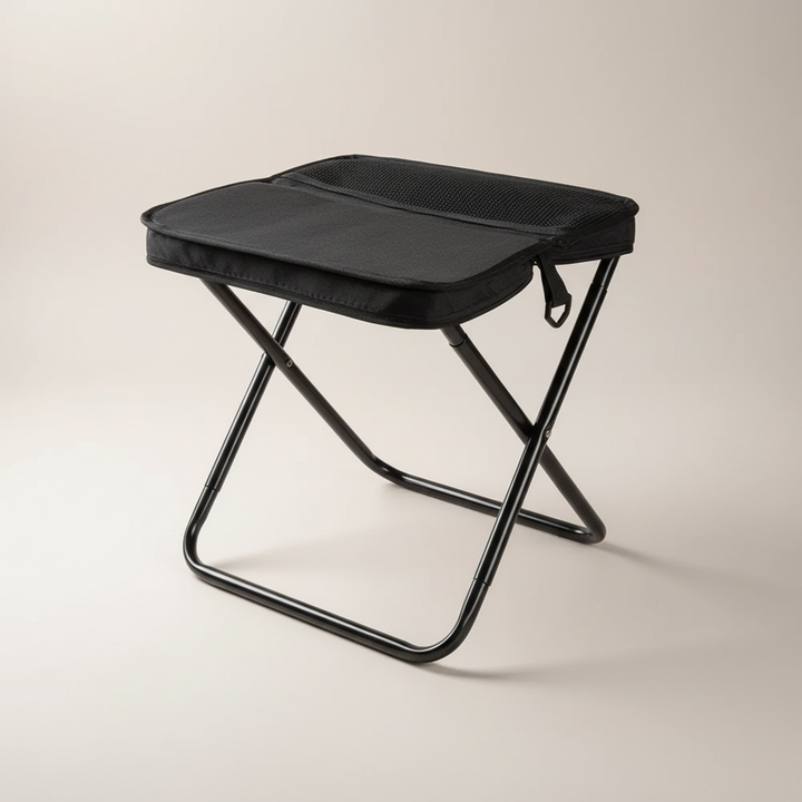 Tabouret trépied vert militaire pliable, idéal pour le camping, la pêche et les activités de plein air.