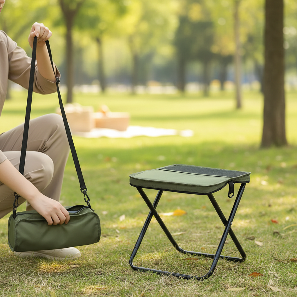 Tabouret de camping pliable trépied, léger et confortable. Facile à transporter pour extérieur et voyage.