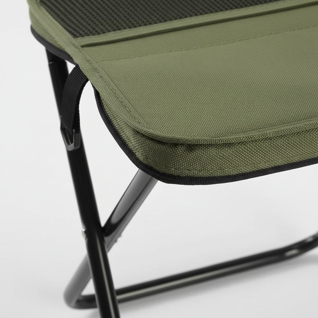 Siège trépied pliable noir pour la pêche, la randonnée et le camping. Équipement portable et léger.