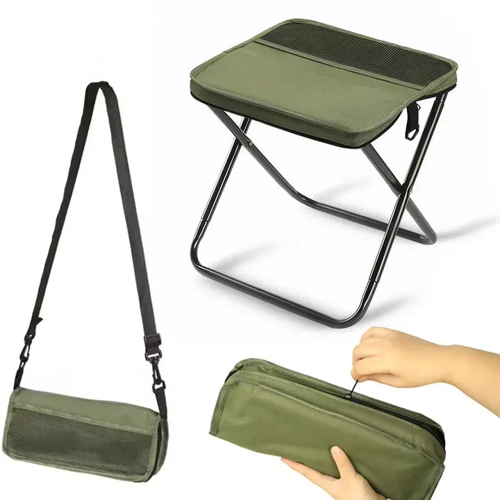 Tabouret trépied robuste pliable pour camping, vert militaire. Idéal pour extérieur, pêche, randonnée.