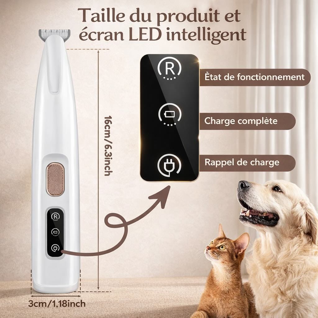 Tondeuse mini silencieuse pour chiens/chats, idéal pattes, visage, toilettage sans stress, lumière LED.