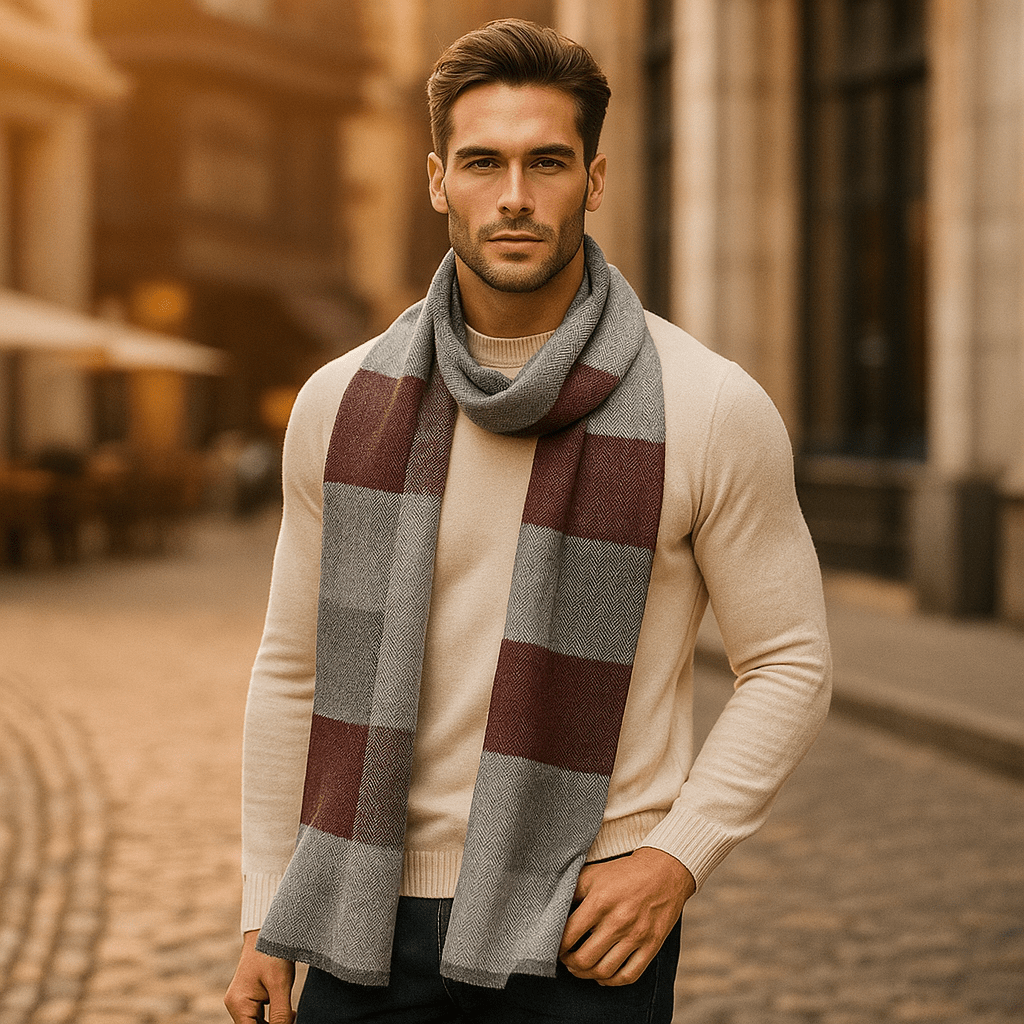 Écharpe homme confortable à rayures multicolores, effet laine chaude. Accessoire élégant pour l'hiver.