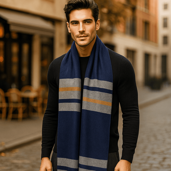 Écharpe homme chaude et confortable à rayures, effet laine douce. Accessoire polyvalent pour l'hiver mode.