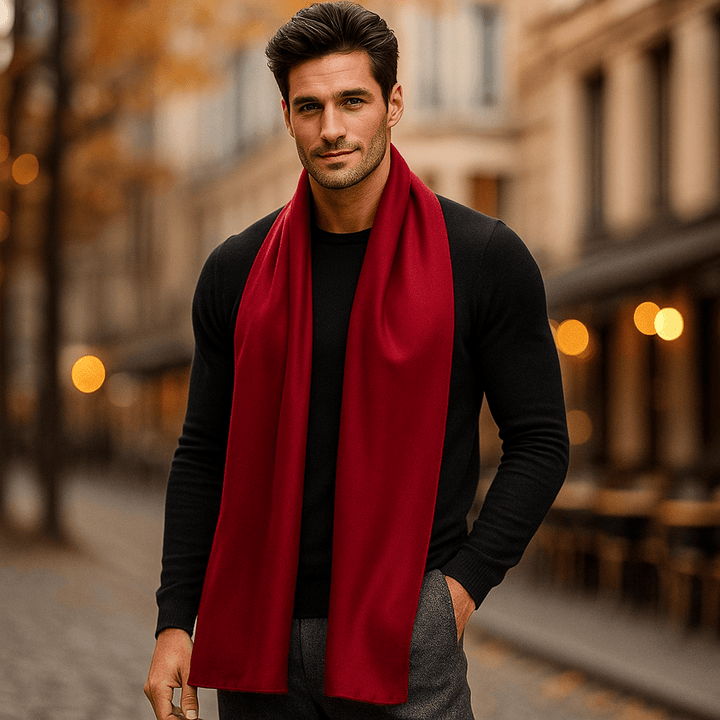 Écharpe homme élégante à rayures multicolores, effet laine. Idéale pour accessoiriser tenue d'hiver.