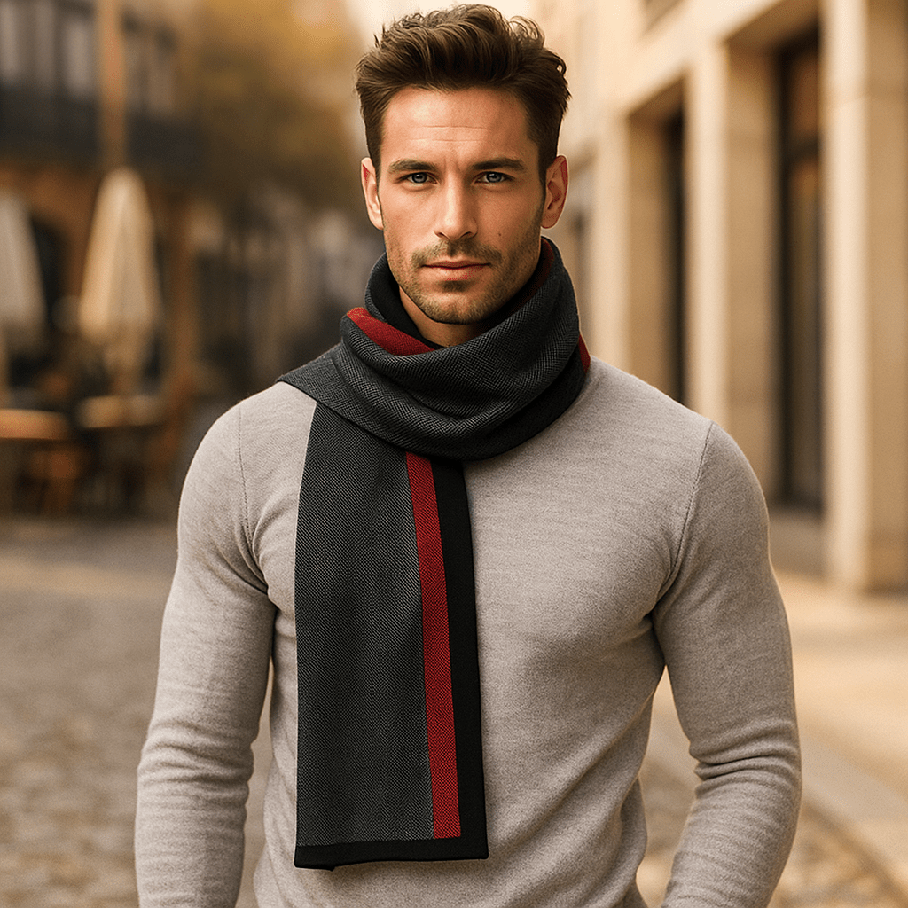 Écharpe homme élégante à rayures, effet laine, cadeau idéal pour l'hiver. Chaleur et style garantis.