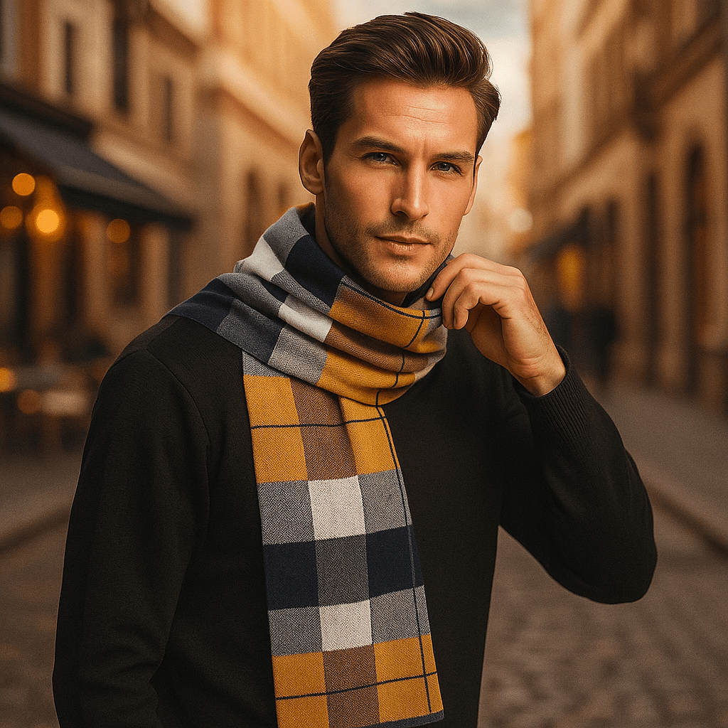 Accessoire mode élégant : écharpe homme à rayures effet laine. Chaleur et style raffiné pour l'hiver.