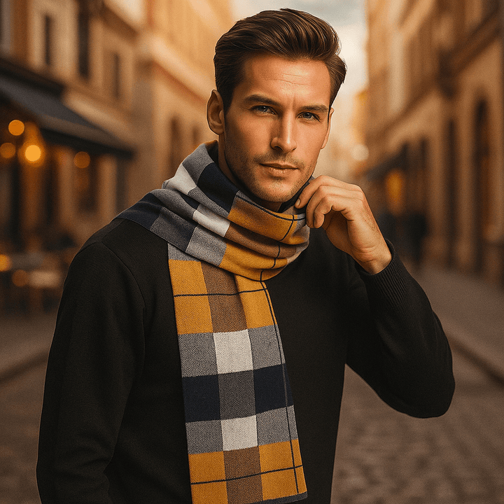 Accessoire mode élégant : écharpe homme à rayures effet laine. Chaleur et style raffiné pour l'hiver.