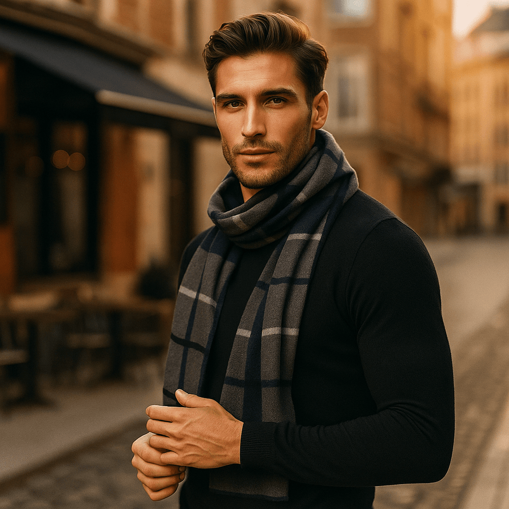 Gros plan : texture douce écharpe homme effet laine rayée, offrant chaleur et confort supérieur pour l'hiver.