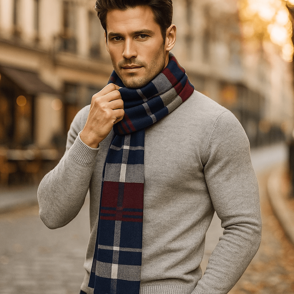 Homme portant écharpe chaude à rayures, élégante et confortable, accessoire mode indispensable hiver.