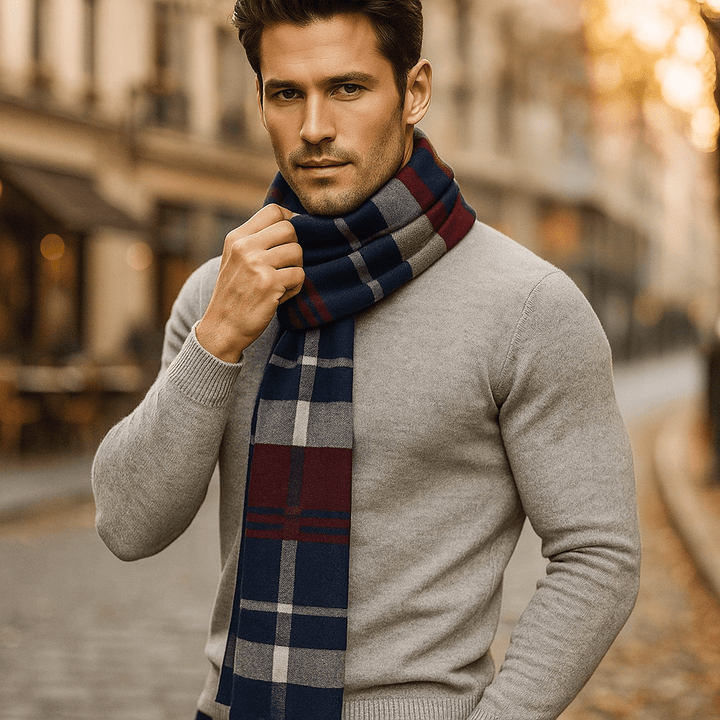 Homme portant écharpe chaude à rayures, élégante et confortable, accessoire mode indispensable hiver.