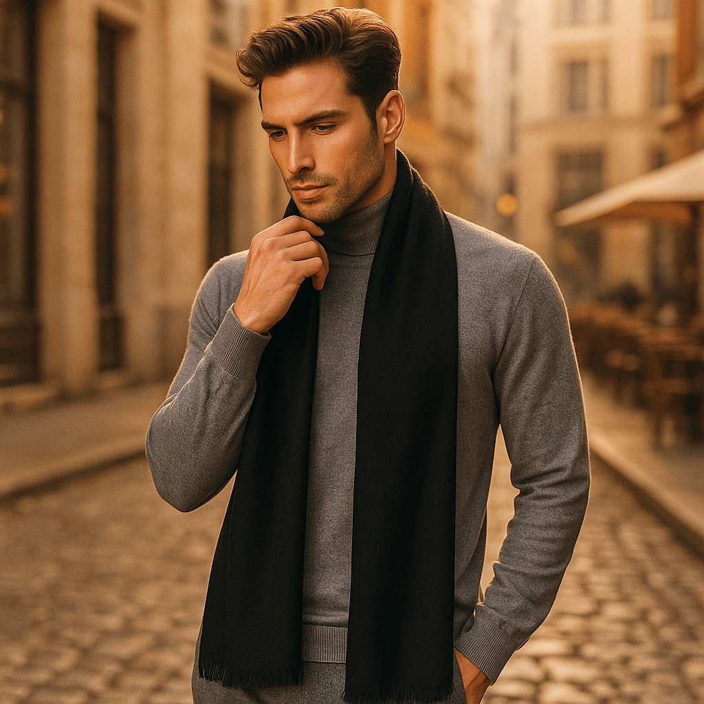 Détail du motif rayé de l'écharpe homme effet laine douce. Un accessoire chaud et tendance pour l'hiver.