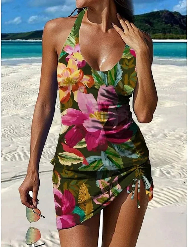 Tankini grande taille pour femme, motif graphique coloré et short de bain uni. Idéal vacances d'été.