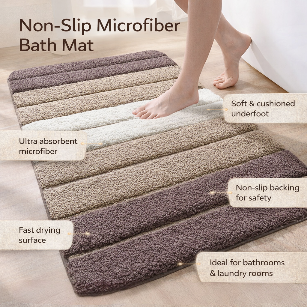 Tapis de bain microfibre unisexe, design moderne, apporte confort et une touche de décoration élégante à la salle de bain.