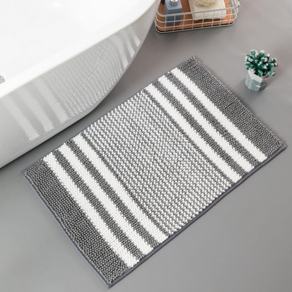 Tapis de bain élégant à rayures, très doux et moelleux en chenille, séchage rapide pour un confort optimal.