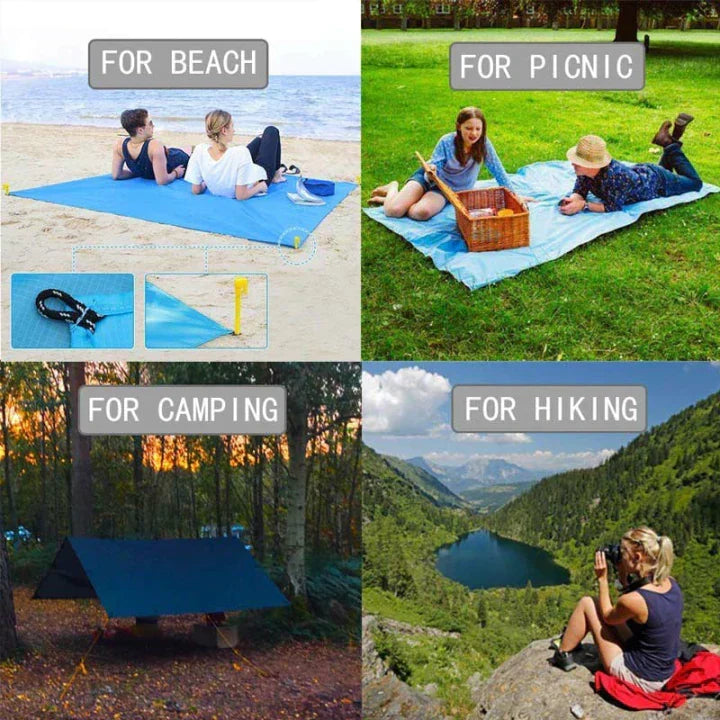 Grand tapis de plage anti-sable pour famille, idéal pour la détente et les activités de plein air. Confort assuré.