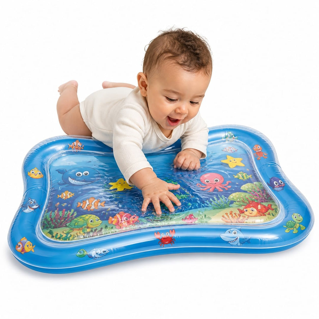 Tapis d'éveil aquatique pour bébé, rempli d'eau avec animaux flottants. Stimule le développement sensoriel du nourrisson.