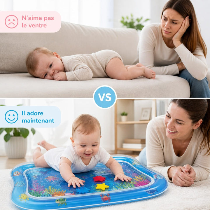 Bébé joue joyeusement sur un tapis d'eau coloré et sensoriel avec des poissons. Idéal pour la stimulation précoce.