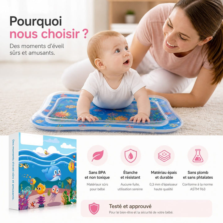 Tapis d'éveil aquatique sûr pour bébé sans BPA. Favorise la motricité fine et le développement cognitif du nourrisson.