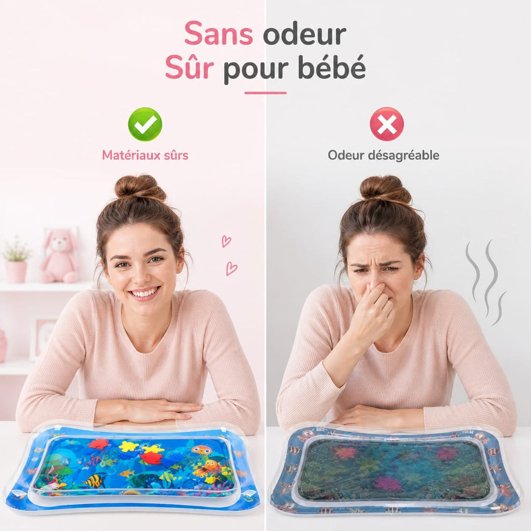 Tapis d'éveil aquatique gonflable pour bébé avec illustrations d'animaux marins. Encourage le jeu sur le ventre.