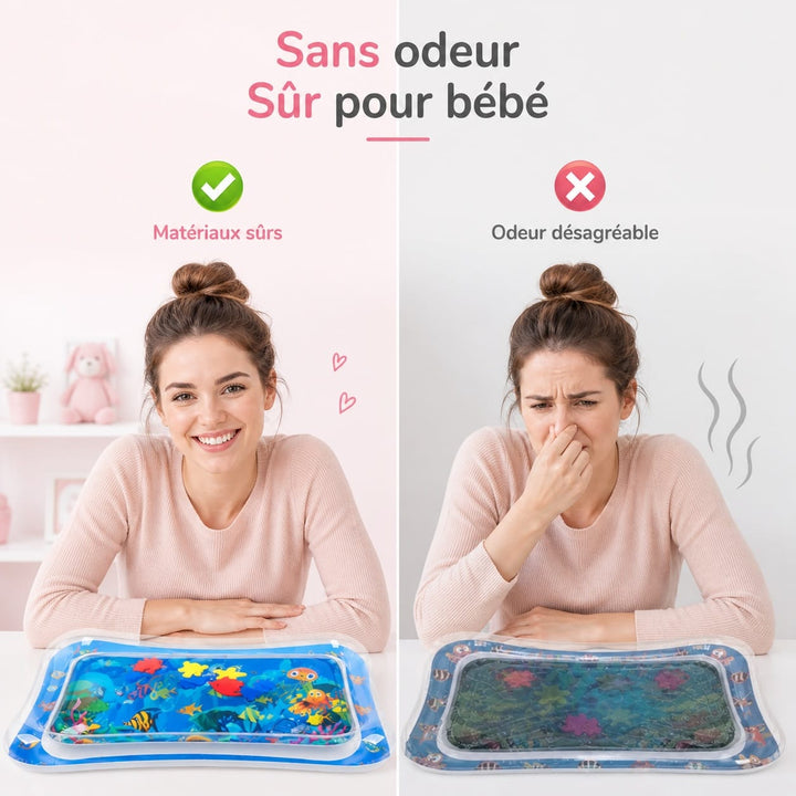 Tapis d'éveil aquatique gonflable pour bébé avec illustrations d'animaux marins. Encourage le jeu sur le ventre.